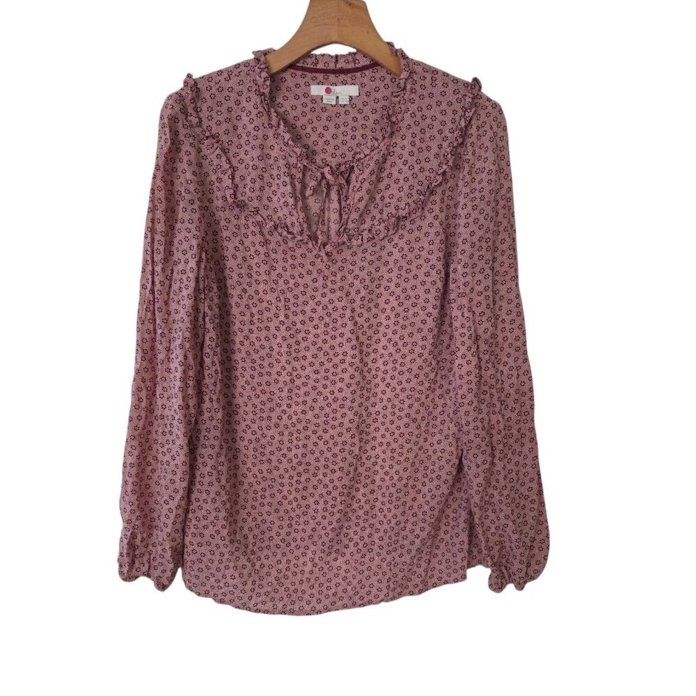 Boden Ruffle Tie Neck Blouse Flowy Pink Red Floral Boho Bohemian Womens 10